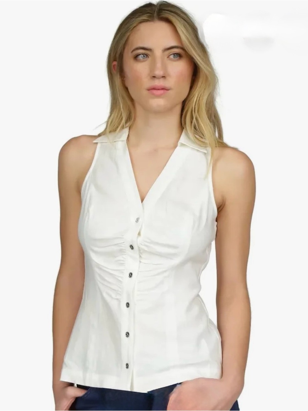 Michael Kors Button Front White Linen Collard Sleeveless Blouse Top Sz Large